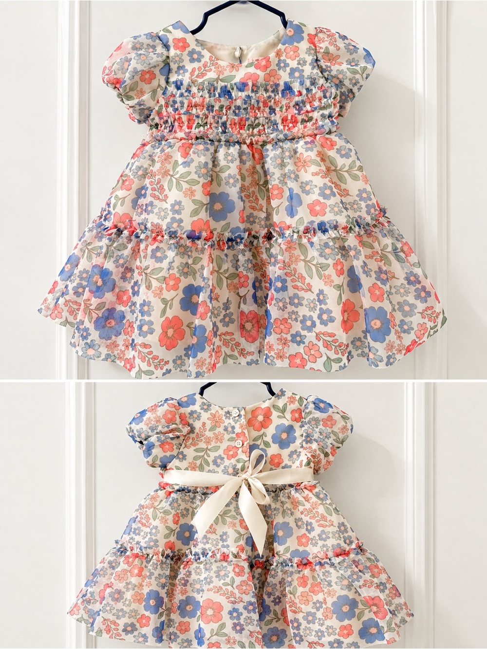 Floral Ruffle Smocked Girls' Dress - Cream with Blue & Pink Flowers